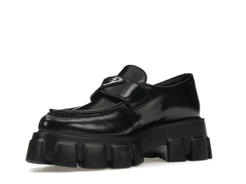 Prada Monolith 55mm Pointy Loafer Black Brushed Leather