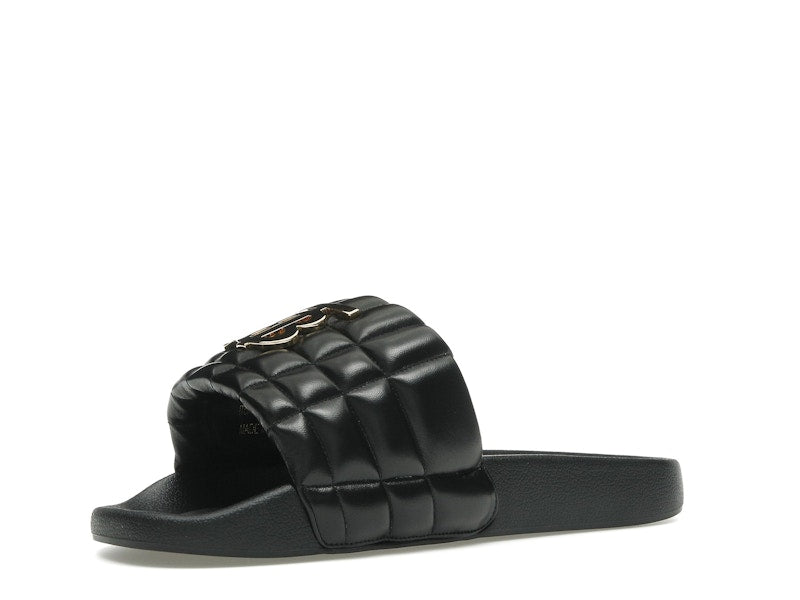 Burberry Monogram Motif Quilted Lambskin Slides Black Gold-tone
