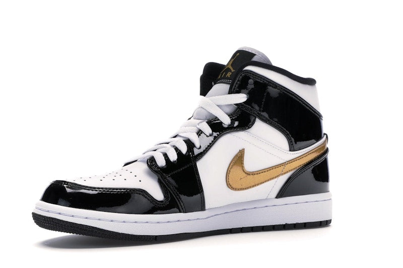 Jordan 1 Mid Patent Black White Gold