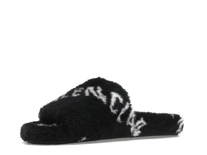 Balenciaga Furry Slide Fake Fur Logo Allover Black White