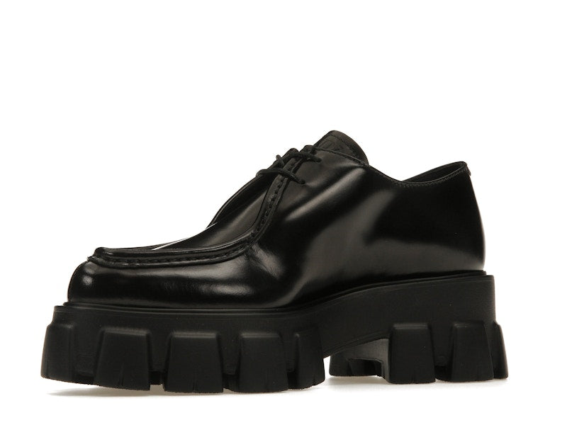 Prada Monolith 55mm Pointy Lace Up Loafer Black Brushed Leather