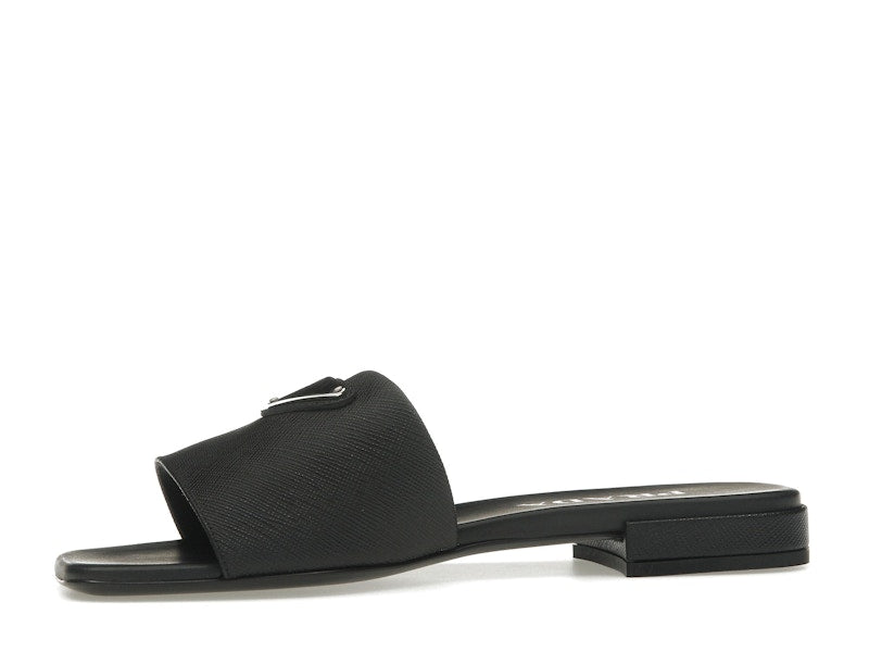 Prada Logo Slide Sandals Black Saffiano Leather