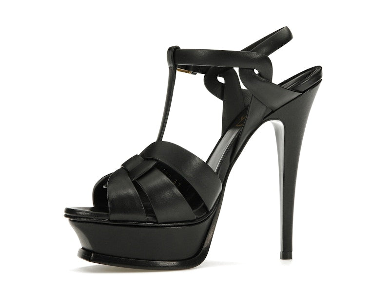 Saint Laurent Tribute Platform Sandal Heels Black Leather