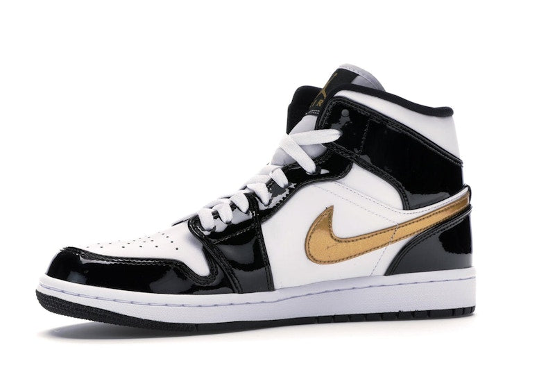 Jordan 1 Mid Patent Black White Gold