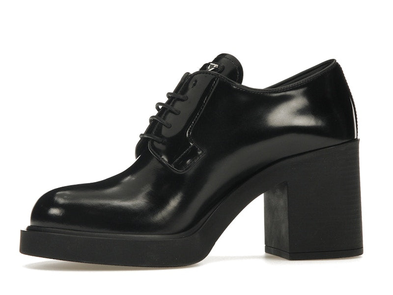 Prada Lace Up 85mm Heels Black Brushed Leather
