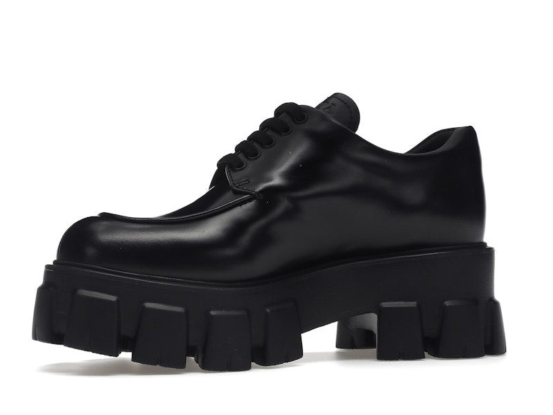 Prada Monolith 55mm Lace Up Loafer Black Brushed Leather