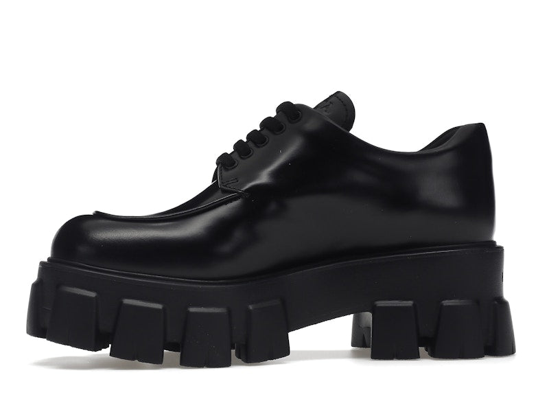 Prada Monolith 55mm Lace Up Loafer Black Brushed Leather
