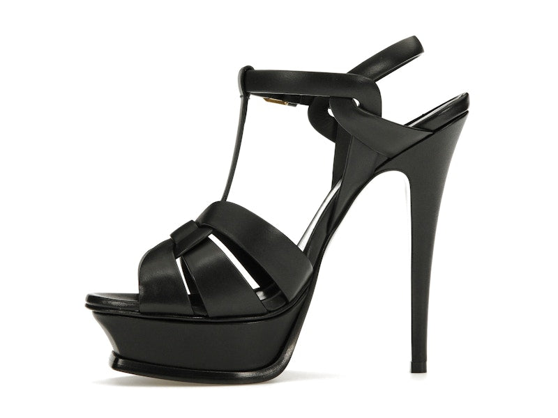 Saint Laurent Tribute Platform Sandal Heels Black Leather