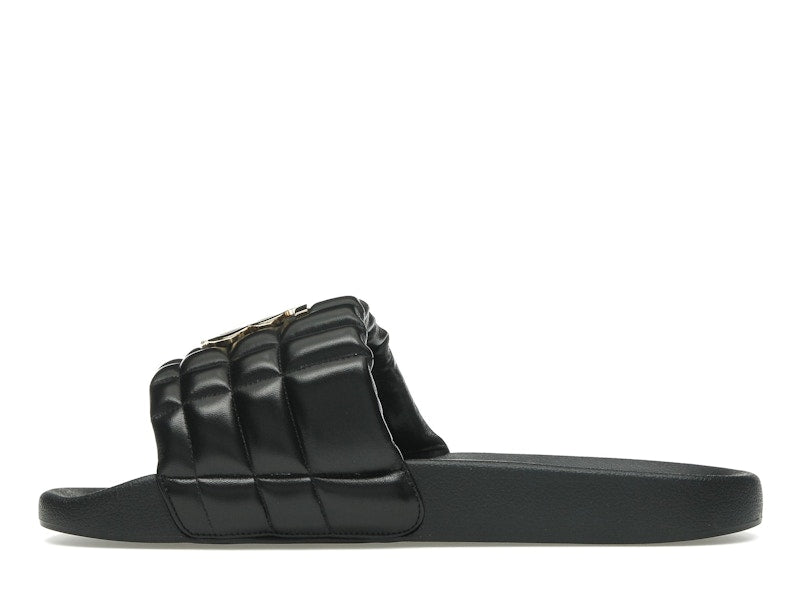 Burberry Monogram Motif Quilted Lambskin Slides Black Gold-tone