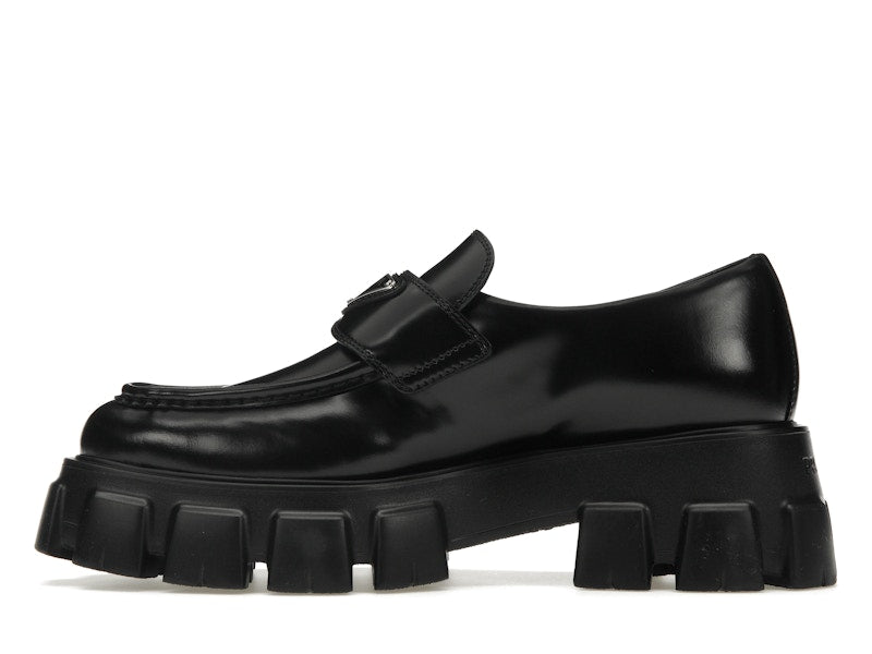 Prada Monolith 55mm Pointy Loafer Black Brushed Leather