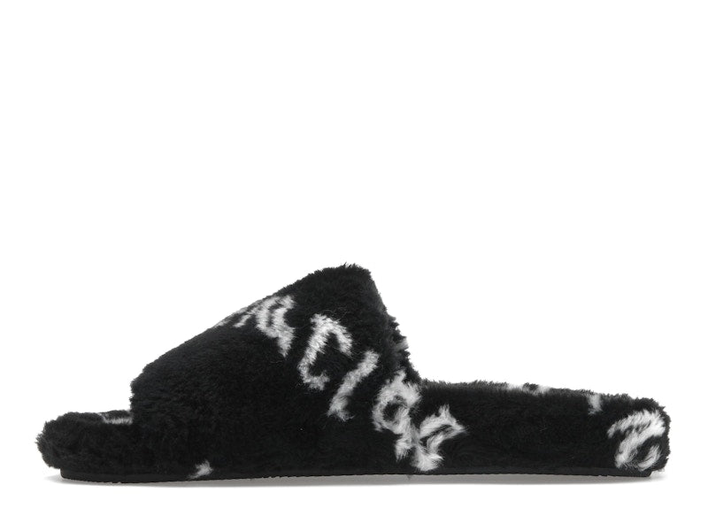 Balenciaga Furry Slide Fake Fur Logo Allover Black White