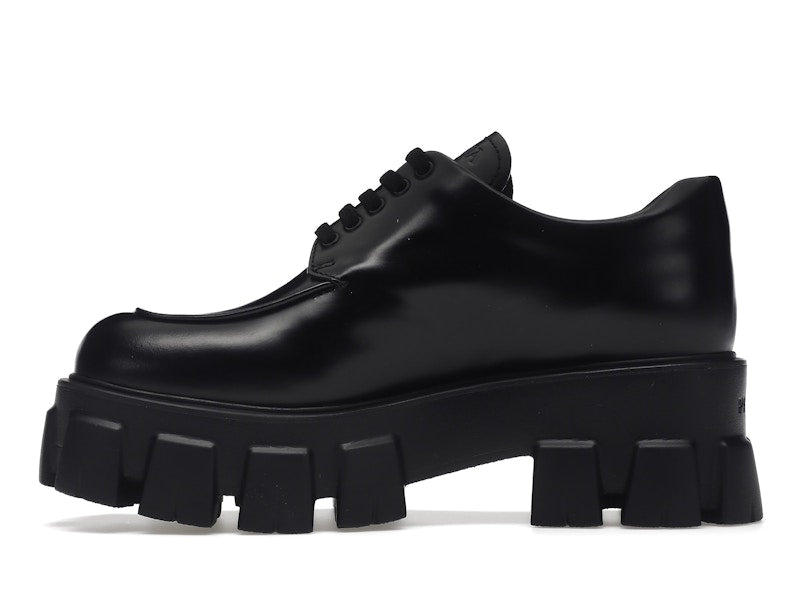 Prada Monolith 55mm Lace Up Loafer Black Brushed Leather