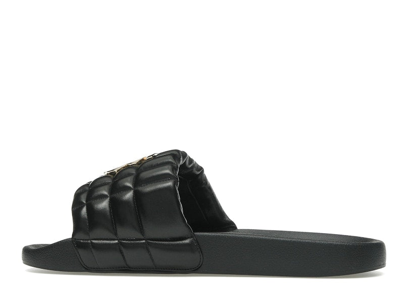 Burberry Monogram Motif Quilted Lambskin Slides Black Gold-tone