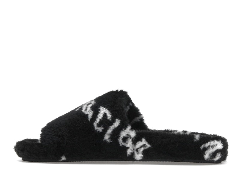Balenciaga Furry Slide Fake Fur Logo Allover Black White