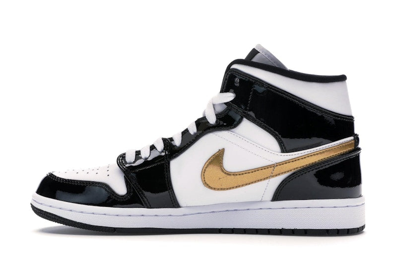 Jordan 1 Mid Patent Black White Gold
