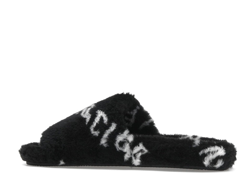 Balenciaga Furry Slide Fake Fur Logo Allover Black White