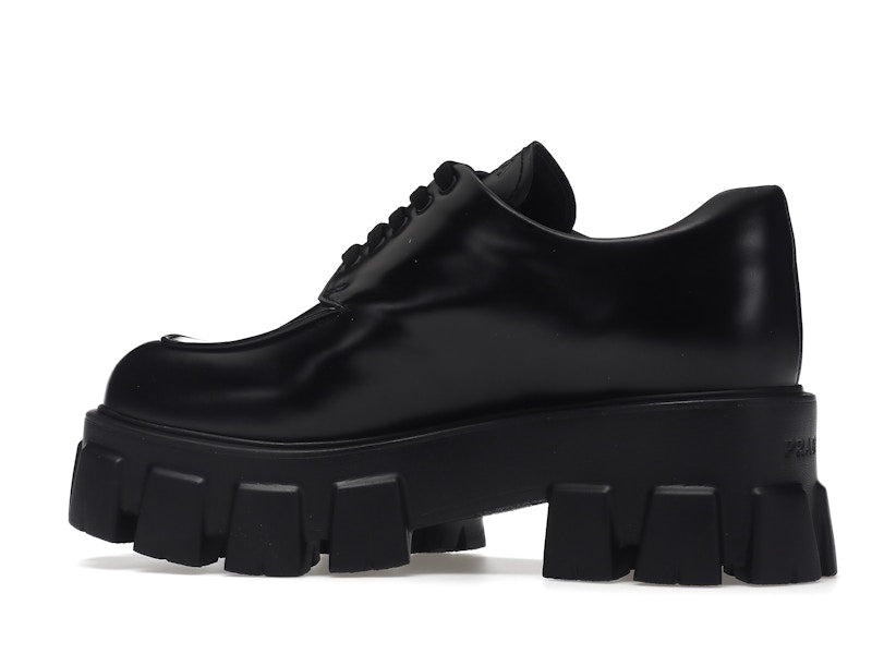 Prada Monolith 55mm Lace Up Loafer Black Brushed Leather
