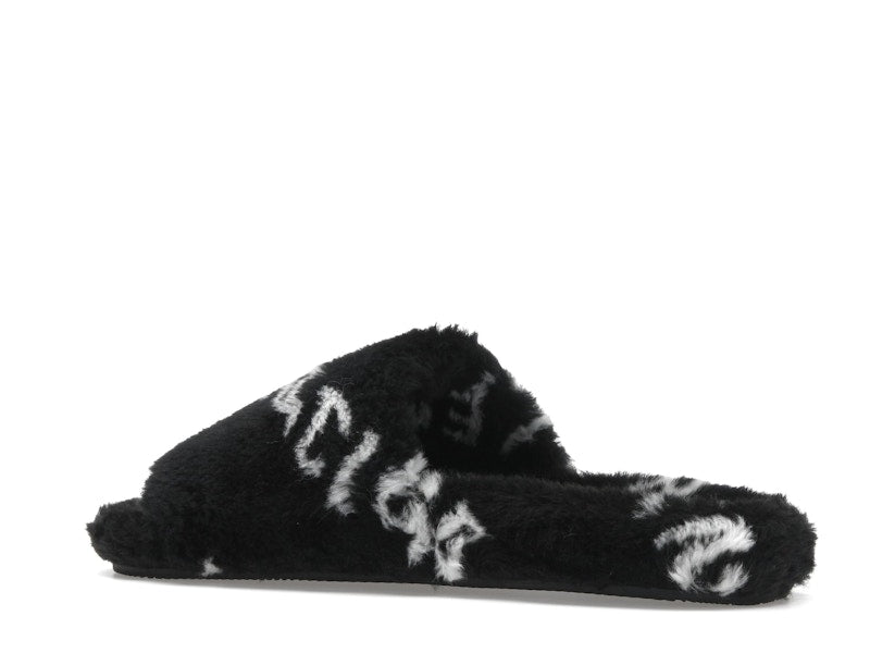 Balenciaga Furry Slide Fake Fur Logo Allover Black White