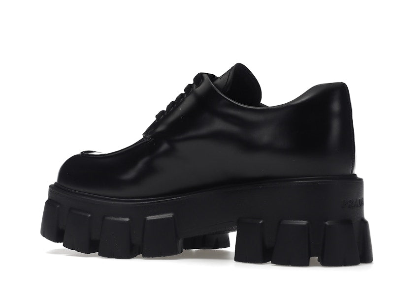 Prada Monolith 55mm Lace Up Loafer Black Brushed Leather