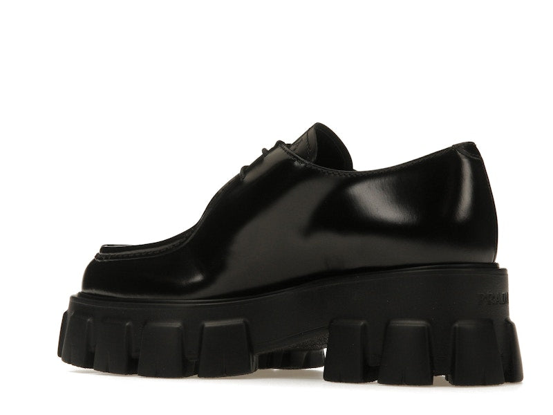 Prada Monolith 55mm Pointy Lace Up Loafer Black Brushed Leather