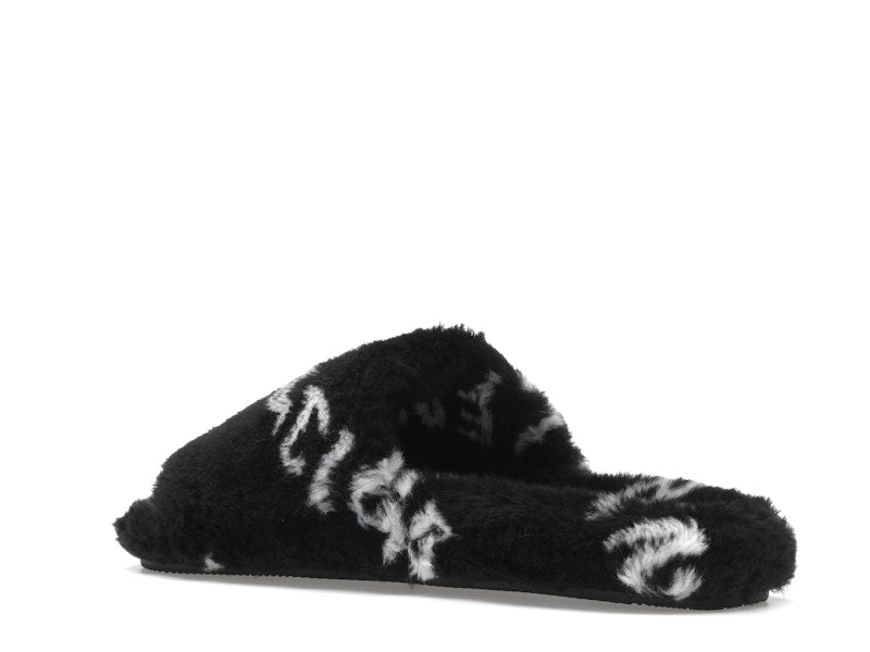 Balenciaga Furry Slide Fake Fur Logo Allover Black White