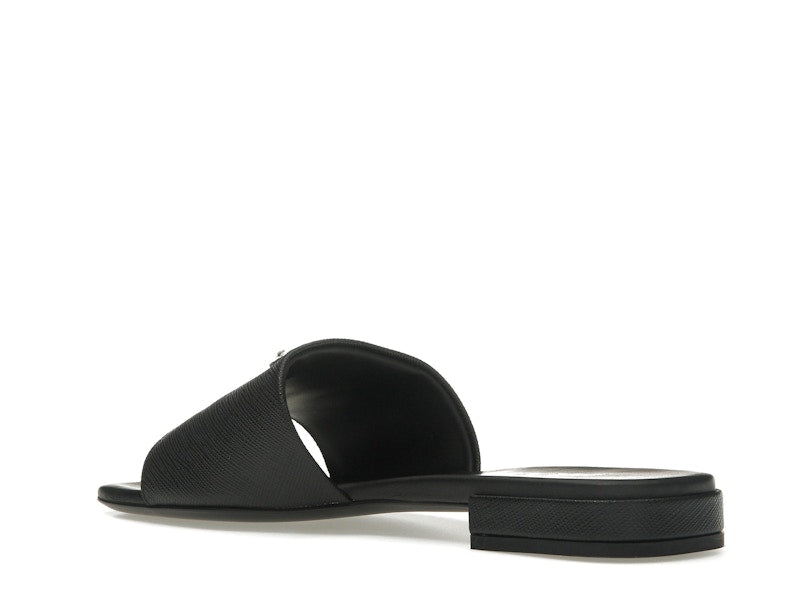 Prada Logo Slide Sandals Black Saffiano Leather
