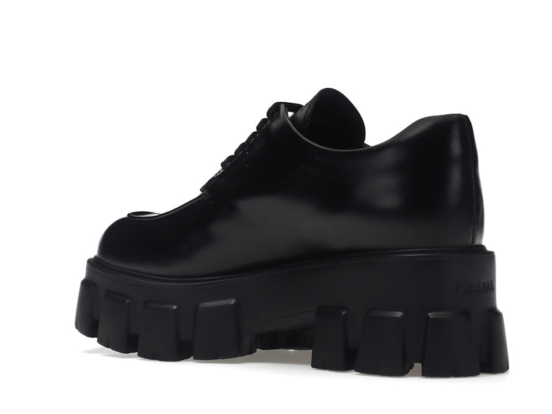 Prada Monolith 55mm Lace Up Loafer Black Brushed Leather