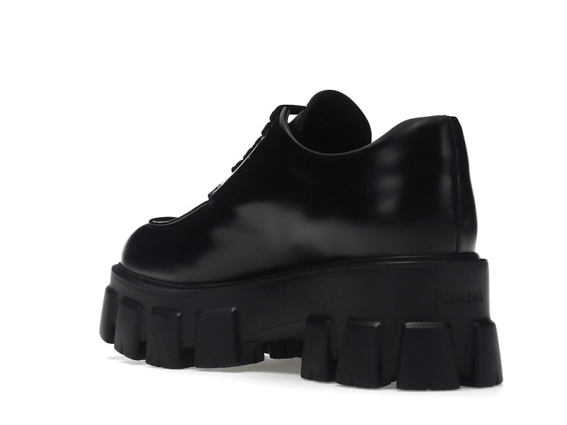 Prada Monolith 55mm Lace Up Loafer Black Brushed Leather
