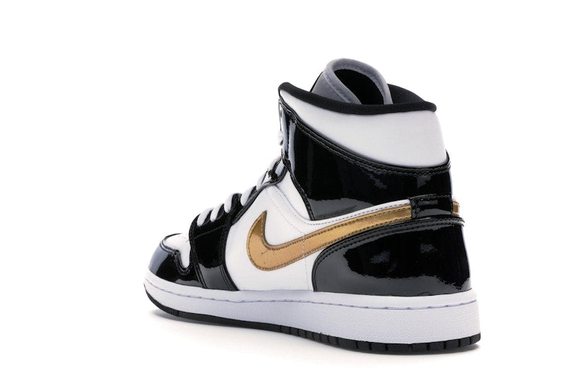 Jordan 1 Mid Patent Black White Gold