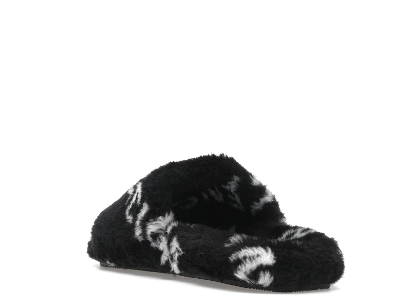 Balenciaga Furry Slide Fake Fur Logo Allover Black White