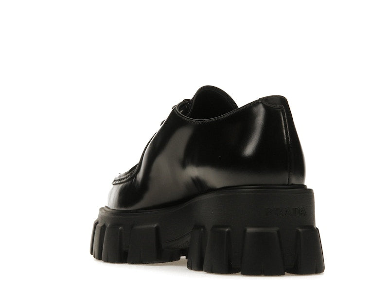 Prada Monolith 55mm Pointy Lace Up Loafer Black Brushed Leather