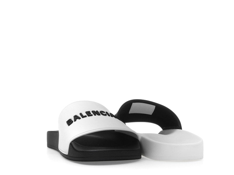 Balenciaga Pool Slides Logo White Black Alternate