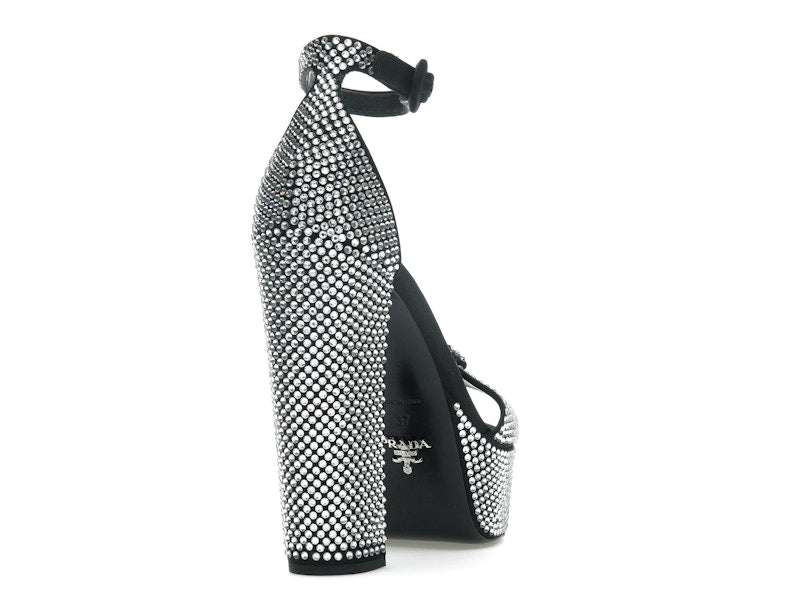 Prada 135mm Crystal Platform Sandals Black Satin