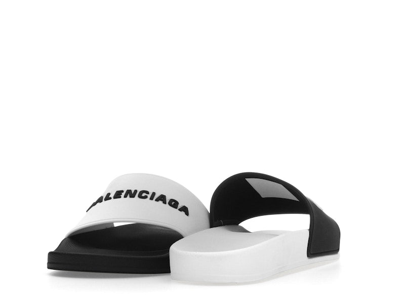 Balenciaga Pool Slides Logo White Black Alternate