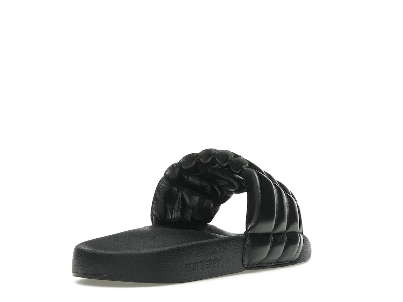 Burberry Monogram Motif Quilted Lambskin Slides Black Gold-tone