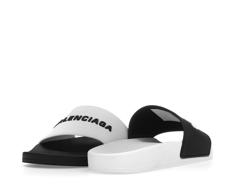 Balenciaga Pool Slides Logo White Black Alternate