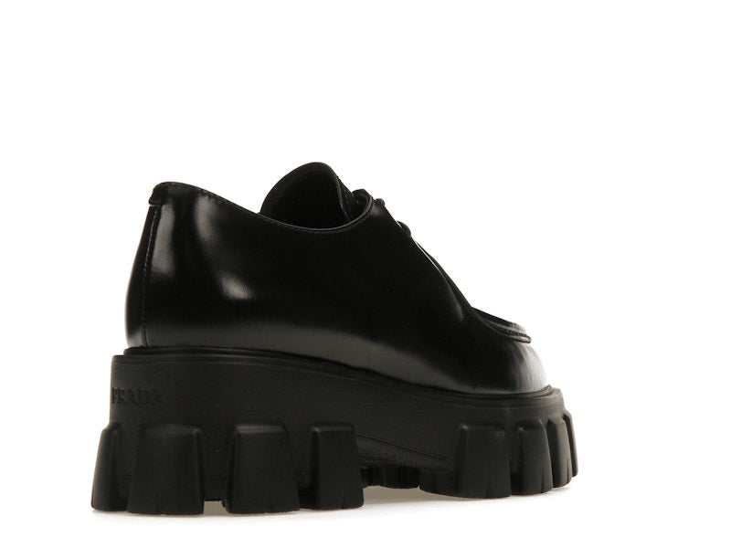 Prada Monolith 55mm Pointy Lace Up Loafer Black Brushed Leather