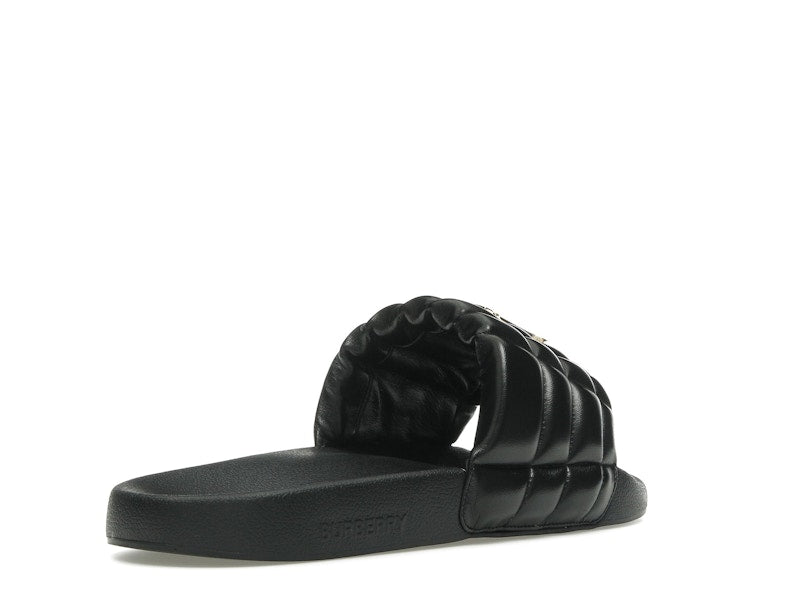 Burberry Monogram Motif Quilted Lambskin Slides Black Gold-tone