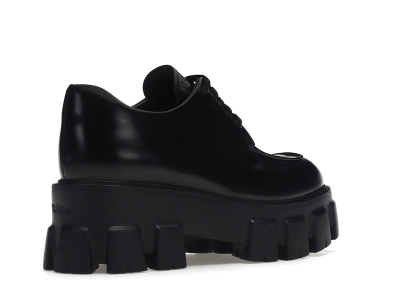 Prada Monolith 55mm Lace Up Loafer Black Brushed Leather