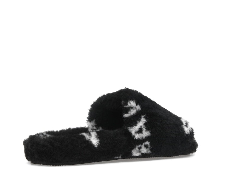 Balenciaga Furry Slide Fake Fur Logo Allover Black White
