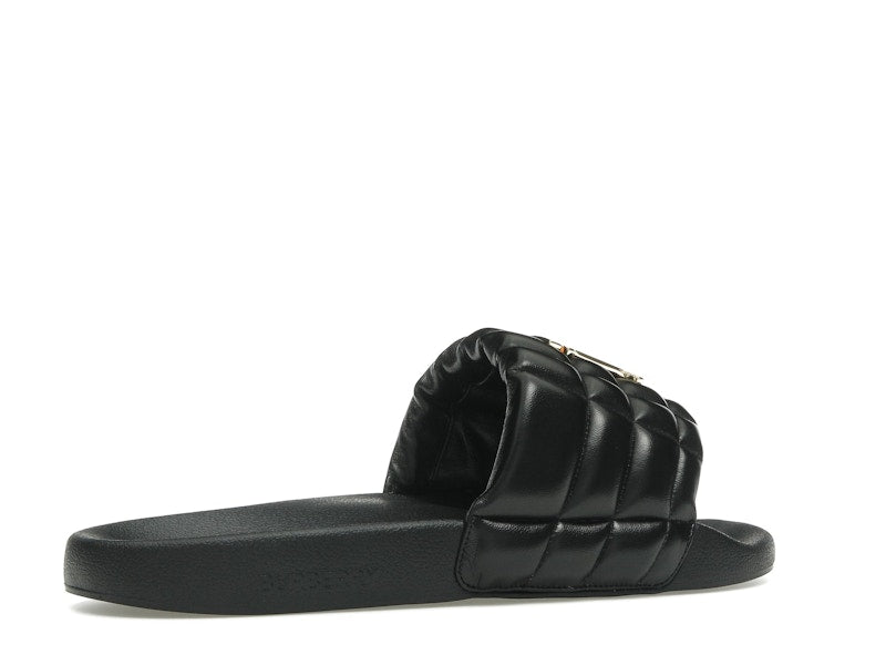 Burberry Monogram Motif Quilted Lambskin Slides Black Gold-tone