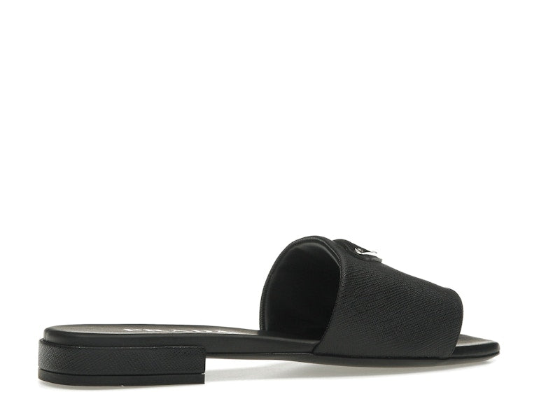 Prada Logo Slide Sandals Black Saffiano Leather