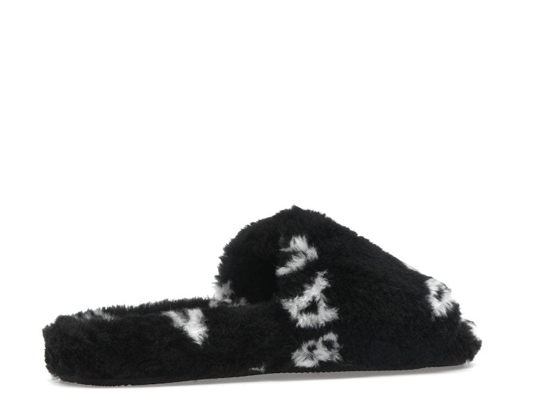 Balenciaga Furry Slide Fake Fur Logo Allover Black White