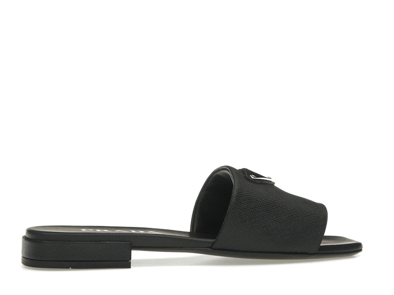 Prada Logo Slide Sandals Black Saffiano Leather