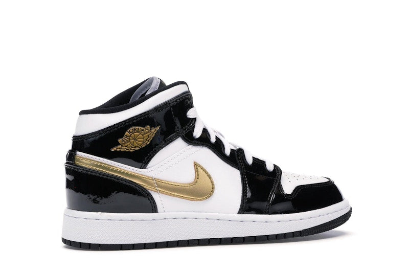 Jordan 1 Mid Patent Black White Gold (GS)
