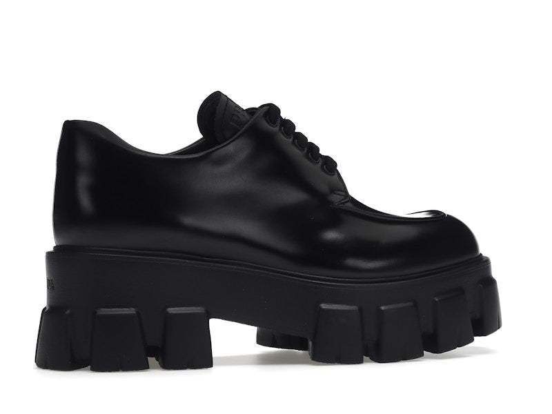 Prada Monolith 55mm Lace Up Loafer Black Brushed Leather