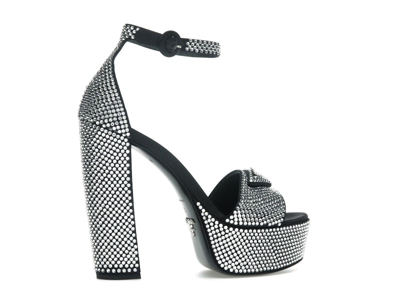 Prada 135mm Crystal Platform Sandals Black Satin