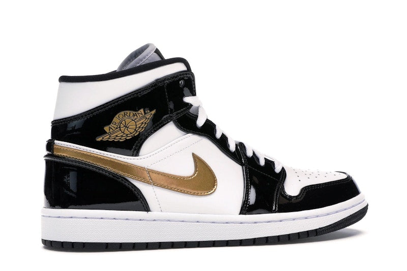 Jordan 1 Mid Patent Black White Gold