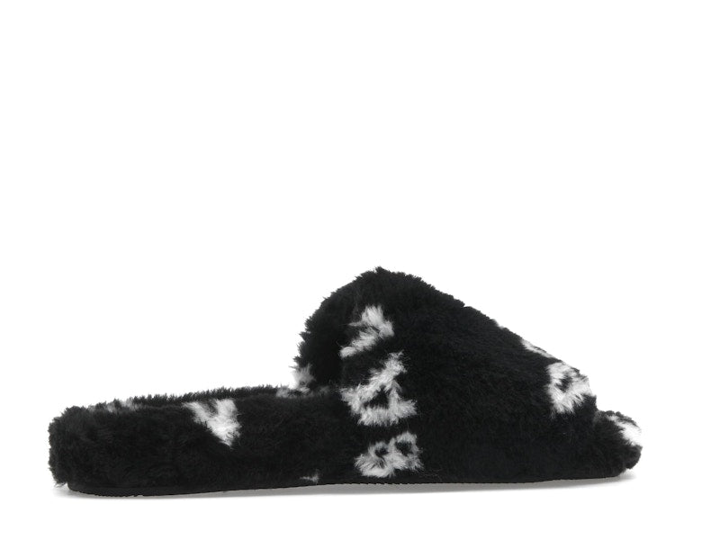 Balenciaga Furry Slide Fake Fur Logo Allover Black White