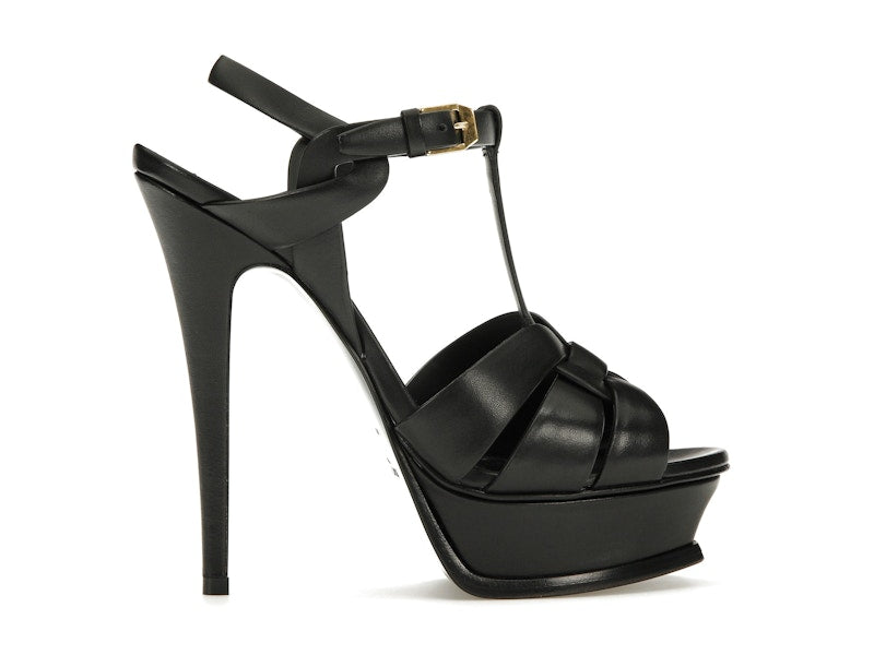 Saint Laurent Tribute Platform Sandal Heels Black Leather